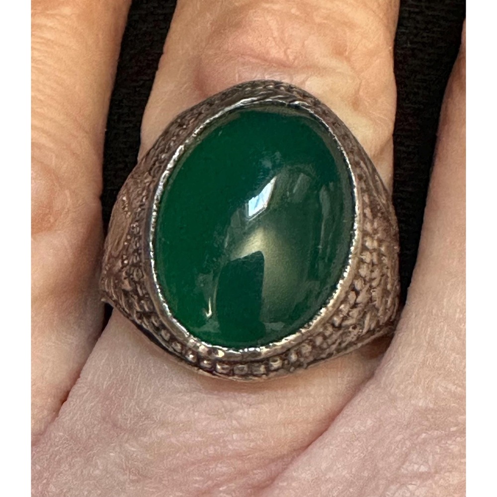 Geno Sterling Silver & Green Agate Cabochon Ring Fancy Setting Sz 9.75